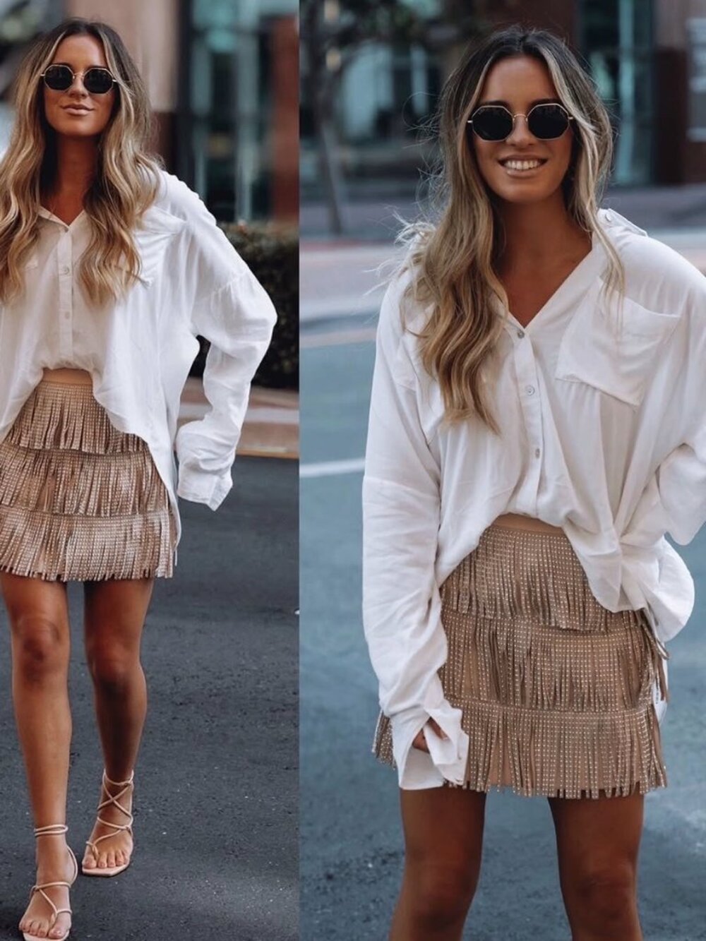 VICI by Gina Faux Lether Studded Fringe Tiered Mini Skirt Beige Tan Medium